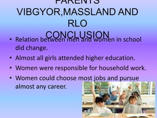 PARENTS
VIBGYOR,MASSLAND AND
RLO
CONCLUSION• Relation between men and women in school
did change.
• Almost all girls attended higher education.
• Women were responsible for household work.
• Women could choose most jobs and pursue
almost any career.
 
