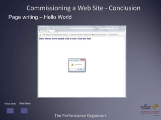 The Performance Organisers
Commissioning a Web Site - Conclusion
Page writing – Hello World
Slide DeckVoice Over
 