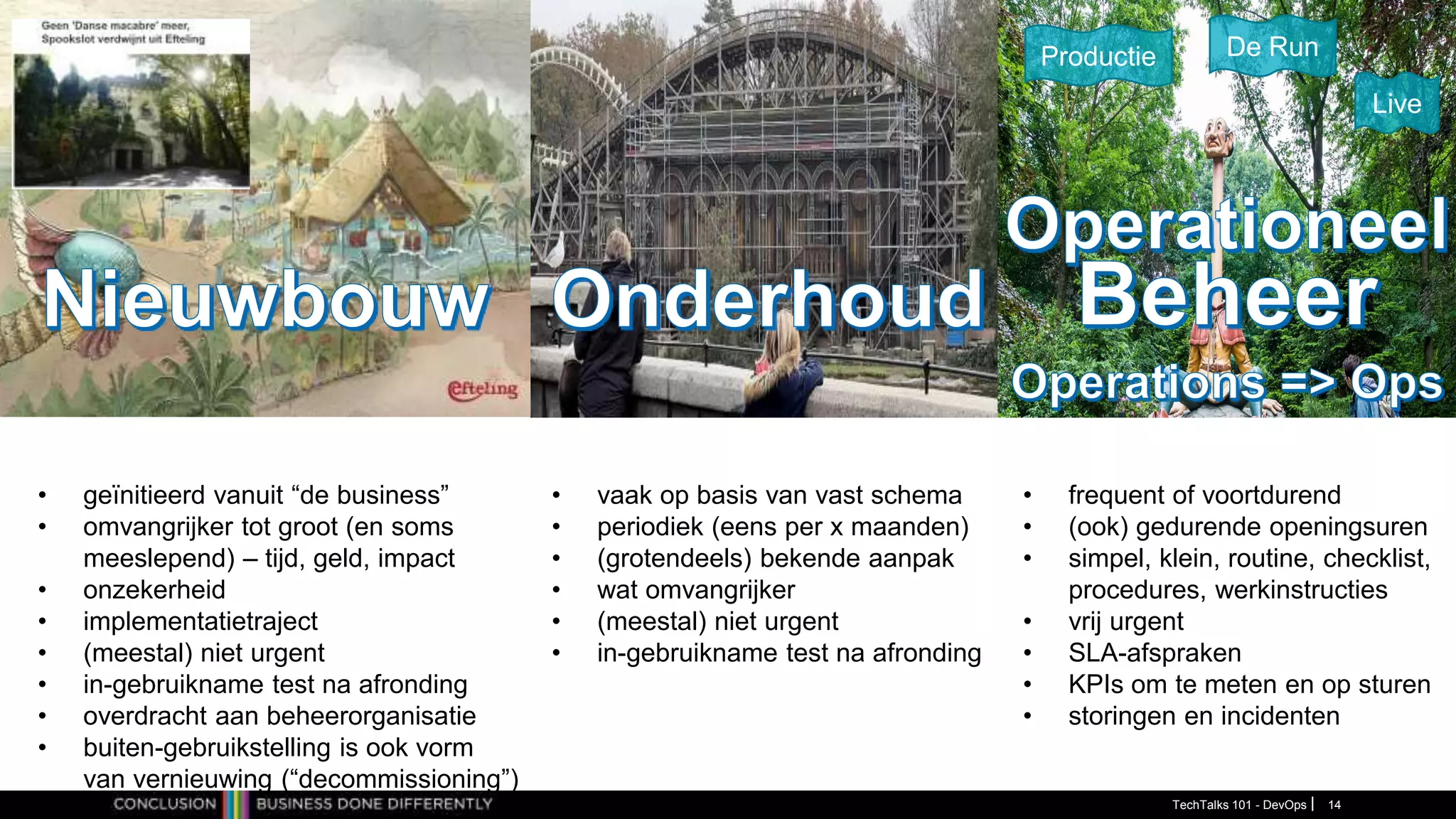 • frequent of voortdurend
• (ook) gedurende openingsuren
• simpel, klein, routine, checklist,
procedures, werkinstructies
• vrij urgent
• SLA-afspraken
• KPIs om te meten en op sturen
• storingen en incidenten
Productie De Run
Live
• vaak op basis van vast schema
• periodiek (eens per x maanden)
• (grotendeels) bekende aanpak
• wat omvangrijker
• (meestal) niet urgent
• in-gebruikname test na afronding
• geïnitieerd vanuit “de business”
• omvangrijker tot groot (en soms
meeslepend) – tijd, geld, impact
• onzekerheid
• implementatietraject
• (meestal) niet urgent
• in-gebruikname test na afronding
• overdracht aan beheerorganisatie
• buiten-gebruikstelling is ook vorm
van vernieuwing (“decommissioning”)
TechTalks 101 - DevOps 14
 