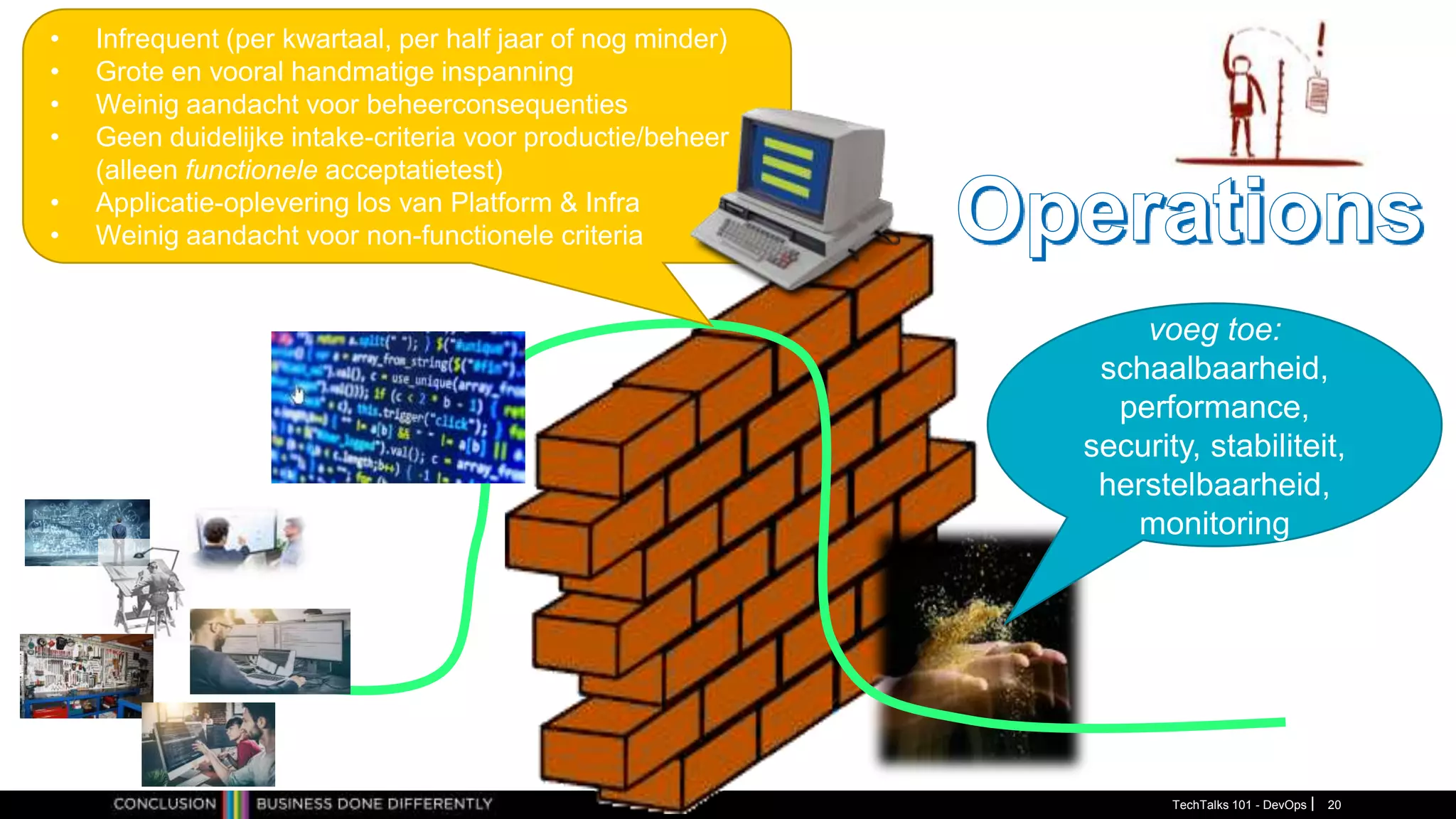 TechTalks 101 - DevOps 20
voeg toe:
schaalbaarheid,
performance,
security, stabiliteit,
herstelbaarheid,
monitoring
• Infrequent (per kwartaal, per half jaar of nog minder)
• Grote en vooral handmatige inspanning
• Weinig aandacht voor beheerconsequenties
• Geen duidelijke intake-criteria voor productie/beheer
(alleen functionele acceptatietest)
• Applicatie-oplevering los van Platform & Infra
• Weinig aandacht voor non-functionele criteria
 