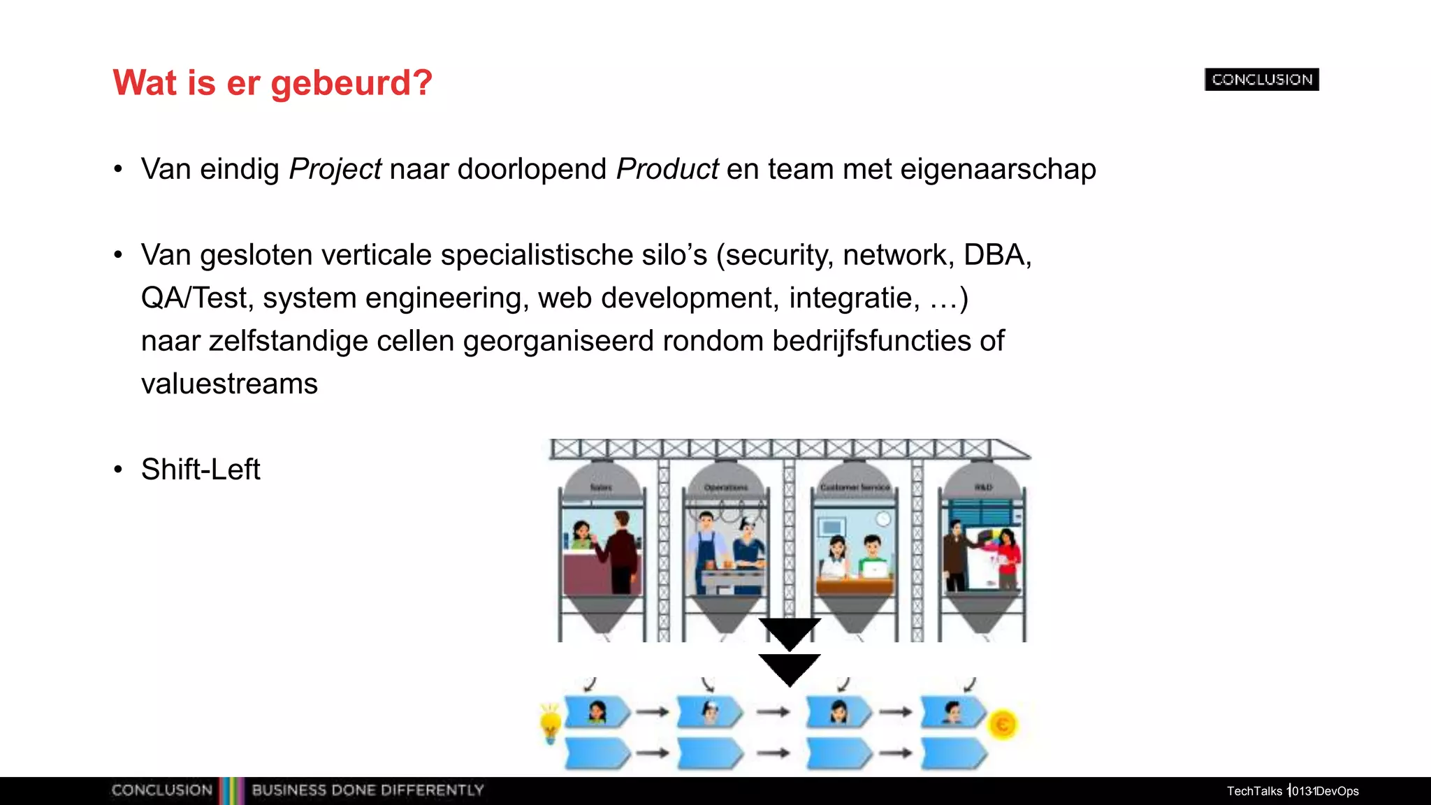 Wat is er gebeurd?
• Van eindig Project naar doorlopend Product en team met eigenaarschap
• Van gesloten verticale specialistische silo’s (security, network, DBA,
QA/Test, system engineering, web development, integratie, …)
naar zelfstandige cellen georganiseerd rondom bedrijfsfuncties of
valuestreams
• Shift-Left
TechTalks 101 - DevOps
31
 