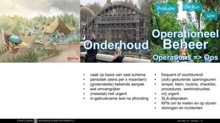 • frequent of voortdurend
• (ook) gedurende openingsuren
• simpel, klein, routine, checklist,
procedures, werkinstructies
• vrij urgent
• SLA-afspraken
• KPIs om te meten en op sturen
• storingen en incidenten
Productie De Run
Live
• vaak op basis van vast schema
• periodiek (eens per x maanden)
• (grotendeels) bekende aanpak
• wat omvangrijker
• (meestal) niet urgent
• in-gebruikname test na afronding
TechTalks 101 - DevOps 12
 