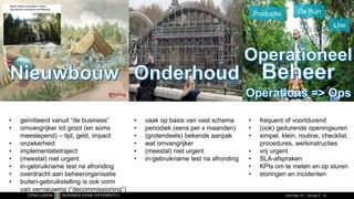 • frequent of voortdurend
• (ook) gedurende openingsuren
• simpel, klein, routine, checklist,
procedures, werkinstructies
• vrij urgent
• SLA-afspraken
• KPIs om te meten en op sturen
• storingen en incidenten
Productie De Run
Live
• vaak op basis van vast schema
• periodiek (eens per x maanden)
• (grotendeels) bekende aanpak
• wat omvangrijker
• (meestal) niet urgent
• in-gebruikname test na afronding
• geïnitieerd vanuit “de business”
• omvangrijker tot groot (en soms
meeslepend) – tijd, geld, impact
• onzekerheid
• implementatietraject
• (meestal) niet urgent
• in-gebruikname test na afronding
• overdracht aan beheerorganisatie
• buiten-gebruikstelling is ook vorm
van vernieuwing (“decommissioning”)
TechTalks 101 - DevOps 14
 