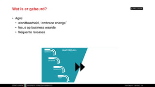Wat is er gebeurd?
• Agile:
• wendbaarheid, “embrace change”
• focus op business waarde
• frequente releases
TechTalks 101 - DevOps 24
 