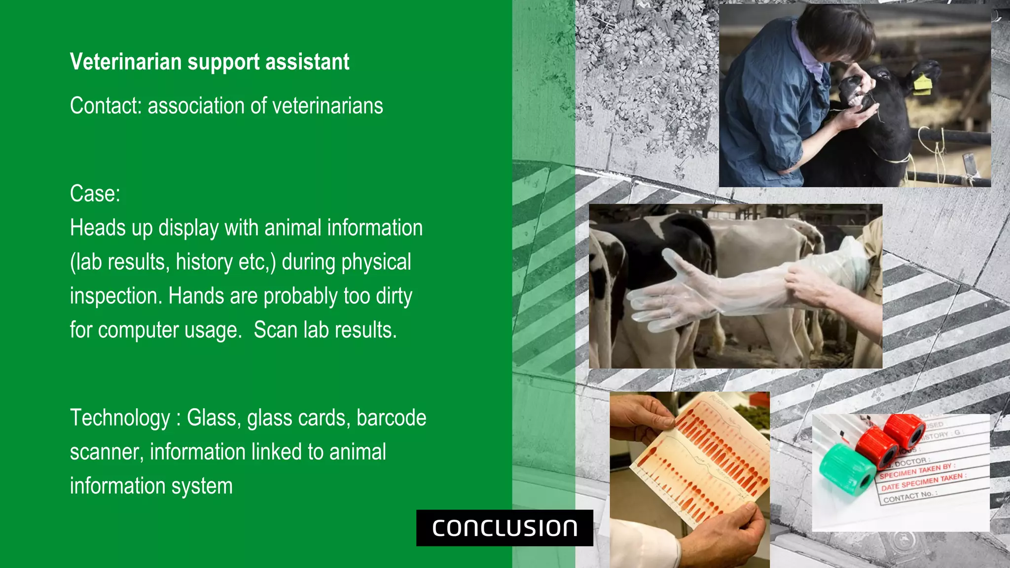 Veterinarian support assistant
Contact: association of veterinarians
Case:
Heads up display with animal information
(lab results, history etc,) during physical
inspection. Hands are probably too dirty
for computer usage. Scan lab results.
Technology : Glass, glass cards, barcode
scanner, information linked to animal
information system
 