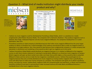 Question 3 – What kind of media institution might distribute your media
                                    product and why?



‘Billboard’ is
Prometheus’s only
music magazine, it is                                                                                                   ‘Adweek’ is a magazine
an American magazine                                                                                                    made by Prometheus
that specialises in pop                                                                                                 Global Media. It is a
and r and b genre                                                                                                       weekly advertising
                                                                                                                        magazine




   •       I believe my music magazine could be distributed by Prometheus Global Media, which is a subsidiary to a media
           conglomerate called Nielson Business Media. The companies CEO is Richard D. Beckham. They produce magazines such as
           Adweek, Back Stage, Hollywood Reporter and the music magazine Billboard. The companies headquarters is in Lower
           Manhattan, New York.
   •       Prometheus would be an ideal company to distribute because their other music magazine Billboard has the same target
           audience as Beats so therefore has a solid knowledge of the audience and would be able to make my magazine better in
           appealing to my target audience. Also, they would be ideal because there conglomerate company is a media company that
           specialises in distribution and marketing so they would be able to get my magazine out to the world.
   •       I believe Prometheus Global Media would distribute my magazine because it is in relation to Billboard so the magazine
           carries on with there mission statement of catering for young adults, Billboard is an American music magazine so having a
           British magazine will open up there market even wider and make there profits higher, as they would be able to advertise
           Billboard in Beats and vice versa so make the two magazines a worldwide success. I believe they would agree to my
           magazine because they only currently distribute one music magazine so having another magazine that is specifically for
           music will allow them to make more money and grow as a company. The companies main goals are to deliver excellence,
           service, and value for money. I believe Beats magazine fulfils the companies goals and aspirations, so Beats and Prometheus
           would be a brilliant fit and work in partnership to make increased revenue and make Beats and Billboard become a
           worldwide force in the music magazine industry.
 