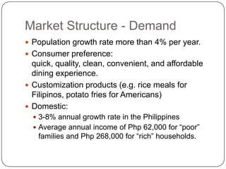 Market Structure - Demand Population growth rate more than 4% per year. Consumer preference: quick, quality, clean, convenient, and affordable dining experience. Customization products (e.g. rice meals for Filipinos, potato fries for Americans) Domestic: 3-8% annual growth rate in the Philippines Average annual income of Php 62,000 for “poor” families and Php 268,000 for “rich” households. 