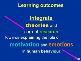 100
What is the difference between
emotion & mood?
Based on Reeve (2015, p. 361)
Significant
life events
Specific
Short-lived
Ill-defined
Influence
cognition
Long-lived
Antecedents
Action-
Specificity
Time course
Criteria Emotions Moods
 
