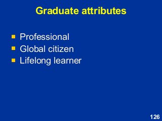 126
Graduate attributes
 Professional
 Global citizen
 Lifelong learner
 Professional
 Global citizen
 Lifelong learner
 