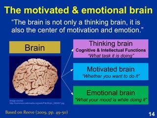 14
Case study scenario:
Teenager struggling at school
Based on Reeve (2009, p. 448)
PREDICT
(Sources)
APPLY
(Strategies)
EXPLAIN
(Causes)
Ask what is
working?
(build on
strengths/
interests)
Extrinsic
motivation?
Lack of goals?
Quality of
relationships?
Lack of
meaning?
Ask about
her emotions?
Help build skills?
(competence)
Help her
identify goals?
 