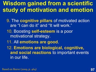 97
What good are the emotions?
Based on Reeve (2015, pp. 352-353)
Utility of
emotion
Coping functions Social functions
 