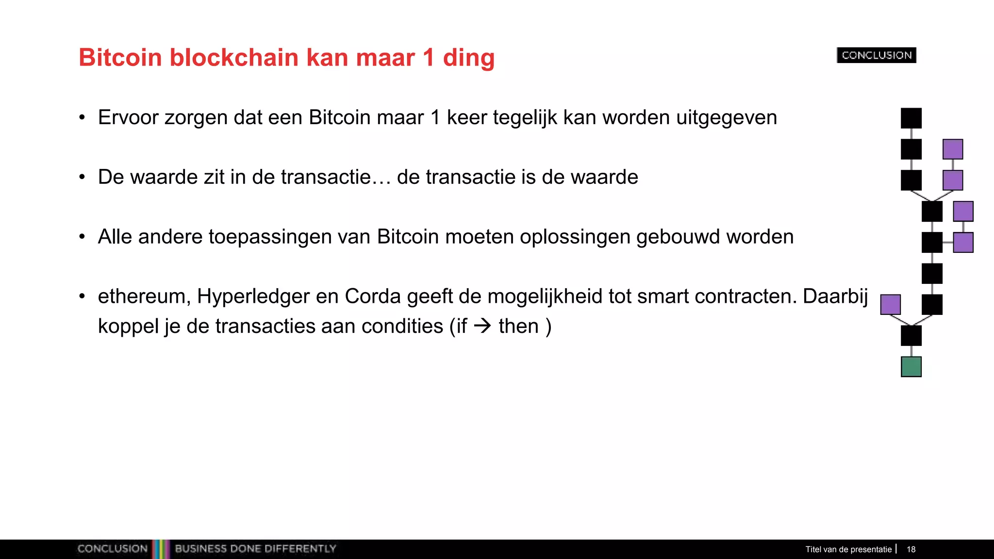 Bitcoin blockchain kan maar 1 ding
• Ervoor zorgen dat een Bitcoin maar 1 keer tegelijk kan worden uitgegeven
• De waarde zit in de transactie… de transactie is de waarde
• Alle andere toepassingen van Bitcoin moeten oplossingen gebouwd worden
• ethereum, Hyperledger en Corda geeft de mogelijkheid tot smart contracten. Daarbij
koppel je de transacties aan condities (if  then )
Titel van de presentatie 18
 