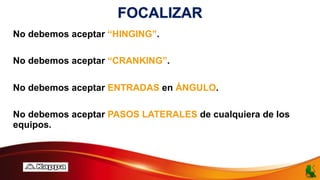 FOCALIZAR
No debemos aceptar “HINGING”.
No debemos aceptar “CRANKING”.
No debemos aceptar ENTRADAS en ÁNGULO.
No debemos aceptar PASOS LATERALES de cualquiera de los
equipos.
 