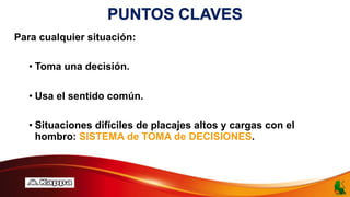 PUNTOS CLAVES
Para cualquier situación:
• Toma una decisión.
• Usa el sentido común.
• Situaciones difíciles de placajes altos y cargas con el
hombro: SISTEMA de TOMA de DECISIONES.
 