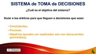 SISTEMA de TOMA de DECISIONES
¿Cuál es el objetivo del sistema?
Guiar a los árbitros para que lleguen a decisiones que sean:
• Consistentes.
• Precisas.
• Objetivas (pueden ser explicadas aún con desacuerdos
permisibles).
 