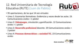 12. Red Universitaria de Tecnología
Educativa (RUTE) (Juan de Pablos)
• 95 aportaciones, de las que 14 son virtuales
• Línea 1: Escenarios formativos: Evidencias y voces desde las aulas. 23
Comunicaciones orales + 1 póster
• Línea 2: Videojuegos, simulación y gamificación. 12 Comunicaciones
orales + 1 póster
• Línea 3: Desarrollo profesional docente. 19 Comunicaciones orales +
2 póster
• Línea 4: Procesos democráticos y sociedad TIC. 23 Comunicaciones
orales
Redes temáticas
 