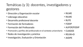 Temáticas (y 3): docentes, investigadores y
gestores
• Dirección y Organización escolar
• Liderazgo educativo
• Desarrollo profesional docente
• Formación de formadores
• Formación del Profesorado
• Promoción y perfiles del profesorado en el contexto universitario
• Redes de investigación y práctica
• Investigación, Evaluación y Orientación
• RILME
• RILME
• RUTE
• FODIP
• AUFOP/FODIP
• CUADOE
• REUNI+D
• AIDIPE
 