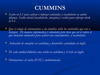 CUMMINS
 Sesión en L1 para activar o reforzar contenidos y vocabulario en ambos
idiomas. Sesión inicial (vocabulario, conceptos) o sesión para reforzar desde
la L1.
 Que el colegio de orientaciones a las familias sobre los contenidos que van a
trabajar. De manera informativa y voluntaria pero tiene que ser el centro el
que encuentre momentos para activar esos conocimientos y vocabulario.
 Activación de conceptos en castellano y desarrollar actividades en inglés.
 De cada unidad didáctica una sesión en castellano y el resto en inglés.
 Orientaciones al centro (PAT) e institucionales.
 