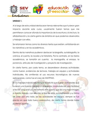 UNIDAD 1.
A lo largo de esta unidad destacaron temas relevantes que tuvieron gran
impacto durante este curso, usualmente fueron temas que me
permitieron conocer afondo la importancia de la escritura y la lectura, la
alfabetización y la cierta gama de ámbitos en que podemos observarlos
y trabajar con ellos.
Se retomaron temas como los diversos textos que existen, enfatizando en
los narrativos y en los académicos.
Dentro de los narrativos pudieron destacar: la biografía, autobiografía, la
crónica, el cuento, la novela y la historieta. Por lo contrario, en los textos
académicos, se tomatón en cuenta: la monografía, el ensayo, la
ponencia, artículos de investigación y proyecto de investigación.
En cierta forma, por cada tema, se desarrollaron diversas actividades
como fueron, evidencias de lecturas, trabajos en equipo y actividades
individuales. No omitiendo el uso recursos tecnológicos de nuevas
aplicaciones, como fue el caso de WATTPAD.
En los trabajos individúales siempre se solicitó que fueran actividades que
tuvieran una buena claridad y coherencia, mostrando así, una facilidad
al lector; al igual el uso del formato APA puesto que da una mejor imagen
a nuestro trabajo, con relación al tipo de letra, su interlineado y su forma
de citar; por otro lado, en las actividades en equipo, siempre se fue
preciso en que todo fuera colaborativo, de cierta forma donde todos
pudieran aportar.
Conclusiones
 