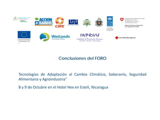 CONCLUSIONES 
 
. 
 
Conclusiones del FORO 
 
Tecnologías de Adaptación al Cambio Climático, Soberanía, Seguridad Alimentaria y Agroindustria” 
 
8 y 9 de Octubre en el Hotel Hex en Estelì, Nicaragua  