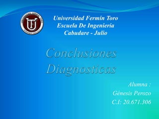 Alumna :
Génesis Perozo
C.I: 20.671.306
Universidad Fermín Toro
Escuela De Ingeniería
Cabudare - Julio
 