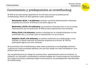 @luismi_barral
@pepabarral
Conclusiones.
Conocimiento y predisposición al crowdfunding.
El 45% de los internautas españole...