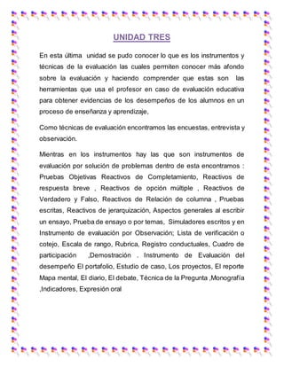 UNIDAD TRES
En esta última unidad se pudo conocer lo que es los instrumentos y
técnicas de la evaluación las cuales permiten conocer más afondo
sobre la evaluación y haciendo comprender que estas son las
herramientas que usa el profesor en caso de evaluación educativa
para obtener evidencias de los desempeños de los alumnos en un
proceso de enseñanza y aprendizaje,
Como técnicas de evaluación encontramos las encuestas, entrevista y
observación.
Mientras en los instrumentos hay las que son instrumentos de
evaluación por solución de problemas dentro de esta encontramos :
Pruebas Objetivas Reactivos de Completamiento, Reactivos de
respuesta breve , Reactivos de opción múltiple , Reactivos de
Verdadero y Falso, Reactivos de Relación de columna , Pruebas
escritas, Reactivos de jerarquización, Aspectos generales al escribir
un ensayo, Prueba de ensayo o por temas, Simuladores escritos y en
Instrumento de evaluación por Observación; Lista de verificación o
cotejo, Escala de rango, Rubrica, Registro conductuales, Cuadro de
participación ,Demostración . Instrumento de Evaluación del
desempeño El portafolio, Estudio de caso, Los proyectos, El reporte
Mapa mental, El diario, El debate, Técnica de la Pregunta ,Monografía
,Indicadores, Expresión oral
 