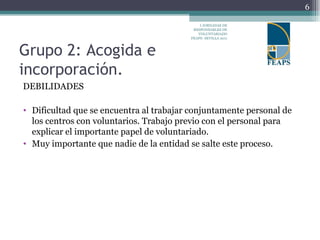 Grupo 2: Acogida e  incorporación.  DEBILIDADES Dificultad que se encuentra al trabajar conjuntamente personal de los centros con voluntarios. Trabajo previo con el personal para explicar el importante papel de voluntariado. Muy importante que nadie de la entidad se salte este proceso. I JORNADAS DE RESPONSABLES DE VOLUNTARIADO FEAPS- SEVILLA 2011 