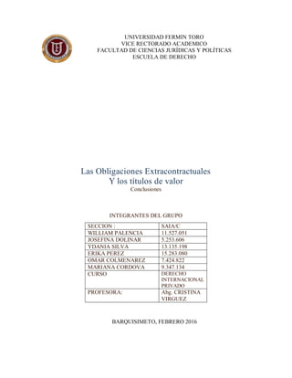 UNIVERSIDAD FERMIN TORO
VICE RECTORADO ACADEMICO
FACULTAD DE CIENCIAS JURÍDICAS Y POLÍTICAS
ESCUELA DE DERECHO
Las Obligaciones Extracontractuales
Y los títulos de valor
Conclusiones
INTEGRANTES DEL GRUPO
BARQUISIMETO, FEBRERO 2016
SECCION : SAIA/C
WILLIAM PALENCIA 11.527.051
JOSEFINA DOLINAR 5.253.606
YDANIA SILVA 13.135.198
ERIKA PEREZ 15.283.080
OMAR COLMENAREZ 7.424.822
MARIANA CORDOVA 9.347.134
CURSO DERECHO
INTERNACIONAL
PRIVADO
PROFESORA: Abg. CRISTINA
VIRGUEZ
 