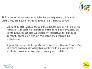 El 51% de los internautas españoles ha participado o colaborado
alguna vez en alguna iniciativa solidaria a través de la r...