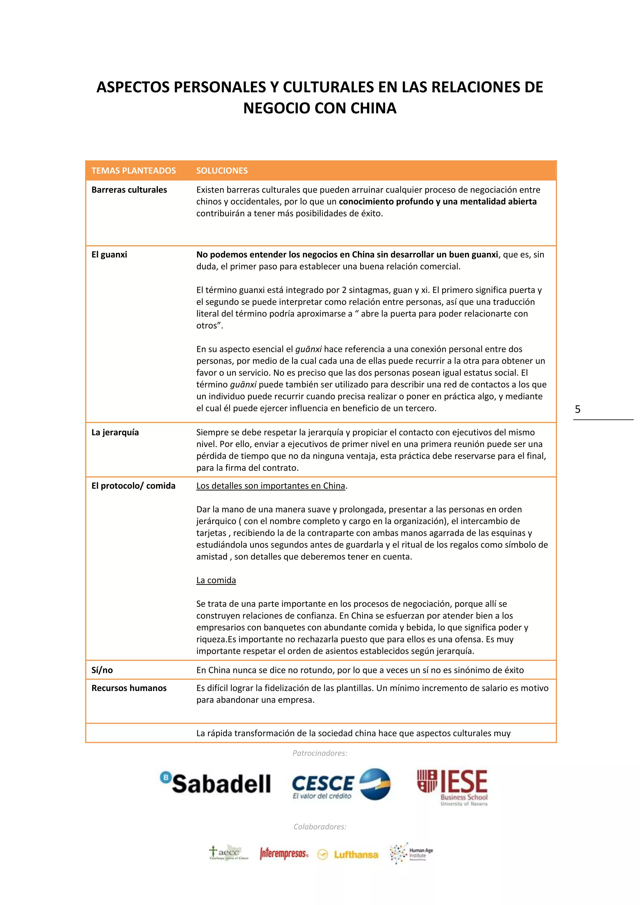 Patrocinadores:
Colaboradores:
5
ASPECTOS PERSONALES Y CULTURALES EN LAS RELACIONES DE
NEGOCIO CON CHINA
TEMAS PLANTEADOS SOLUCIONES
Barreras culturales Existen barreras culturales que pueden arruinar cualquier proceso de negociación entre
chinos y occidentales, por lo que un conocimiento profundo y una mentalidad abierta
contribuirán a tener más posibilidades de éxito.
El guanxi No podemos entender los negocios en China sin desarrollar un buen guanxi, que es, sin
duda, el primer paso para establecer una buena relación comercial.
El término guanxi está integrado por 2 sintagmas, guan y xi. El primero significa puerta y
el segundo se puede interpretar como relación entre personas, así que una traducción
literal del término podría aproximarse a “ abre la puerta para poder relacionarte con
otros”.
En su aspecto esencial el guānxi hace referencia a una conexión personal entre dos
personas, por medio de la cual cada una de ellas puede recurrir a la otra para obtener un
favor o un servicio. No es preciso que las dos personas posean igual estatus social. El
término guānxi puede también ser utilizado para describir una red de contactos a los que
un individuo puede recurrir cuando precisa realizar o poner en práctica algo, y mediante
el cual él puede ejercer influencia en beneficio de un tercero.
La jerarquía Siempre se debe respetar la jerarquía y propiciar el contacto con ejecutivos del mismo
nivel. Por ello, enviar a ejecutivos de primer nivel en una primera reunión puede ser una
pérdida de tiempo que no da ninguna ventaja, esta práctica debe reservarse para el final,
para la firma del contrato.
El protocolo/ comida Los detalles son importantes en China.
Dar la mano de una manera suave y prolongada, presentar a las personas en orden
jerárquico ( con el nombre completo y cargo en la organización), el intercambio de
tarjetas , recibiendo la de la contraparte con ambas manos agarrada de las esquinas y
estudiándola unos segundos antes de guardarla y el ritual de los regalos como símbolo de
amistad , son detalles que deberemos tener en cuenta.
La comida
Se trata de una parte importante en los procesos de negociación, porque allí se
construyen relaciones de confianza. En China se esfuerzan por atender bien a los
empresarios con banquetes con abundante comida y bebida, lo que significa poder y
riqueza.Es importante no rechazarla puesto que para ellos es una ofensa. Es muy
importante respetar el orden de asientos establecidos según jerarquía.
Sí/no En China nunca se dice no rotundo, por lo que a veces un sí no es sinónimo de éxito
Recursos humanos Es difícil lograr la fidelización de las plantillas. Un mínimo incremento de salario es motivo
para abandonar una empresa.
La rápida transformación de la sociedad china hace que aspectos culturales muy
 