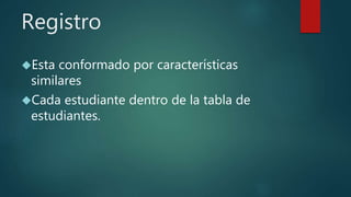 Registro
Esta conformado por características
similares
Cada estudiante dentro de la tabla de
estudiantes.
 