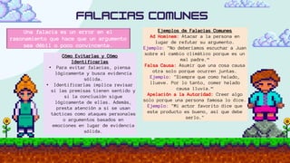 Una falacia es un error en el
razonamiento que hace que un argumento
sea débil o poco convincente.
Ejemplos de Falacias Comunes
Ad Hominem: Atacar a la persona en
lugar de refutar su argumento.
Ejemplo: "No deberíamos escuchar a Juan
sobre el cambio climático porque es un
mal padre.“
Falsa Causa: Asumir que una cosa causa
otra solo porque ocurren juntas.
Ejemplo: "Siempre que como helado,
llueve. Por lo tanto, comer helado
causa lluvia.“
Apelación a la Autoridad: Creer algo
solo porque una persona famosa lo dice.
Ejemplo: "Mi actor favorito dice que
este producto es bueno, así que debe
serlo."
Cómo Evitarlas y Cómo
Identificarlas
• Para evitar falacias, piensa
lógicamente y busca evidencia
sólida.
• Identificarlas implica revisar
si las premisas tienen sentido y
si la conclusión sigue
lógicamente de ellas. Además,
presta atención a si se usan
tácticas como ataques personales
o argumentos basados en
emociones en lugar de evidencia
sólida.
 