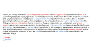 Overall, the findings of this thesis can be interpreted as consistent with the suggestion that self-ambivalence may be a
vulnerability not only for OCD symptoms but also for the belief domains that maintain the disorder. This thesis found that
OCD symptoms and related belief domains were significantly related to self-ambivalence. Further, it found that after
controlling for self-ambivalence, the relationships between the various belief domains became significantly weaker. This
finding was taken as evidence that the overemphasis on thoughts, responsibility and perfectionism were to some
extent responses to an underlying uncertainty about self-concept. Evidence was also found supporting self-ambivalence as
an important therapeutic target. It was found that the resolution of self-ambivalence was associated with improvements in
OCD belief domains as well as OCD symptoms. In addition, the reduction of self-ambivalence appeared to protect against
relapse of compulsive symptoms. In short, we found that self-ambivalence was important for the maintenance and
treatment of OCD.
⃝ Hedges
⃝ Boosters
 
