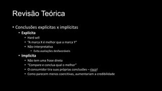 Revisão Teórica
• Conclusões explícitas x implícitas
• Explícita
• Hard sell
• “A marca X é melhor que a marca Y”
• Não-interpretativa
• Evita avaliações desfavoráveis
• Implícita
• Não tem uma frase direta
• “Compare e conclua qual o melhor”
• O consumidor tira suas próprias conclusões – risco!
• Como parecem menos coercitivas, aumentariam a credibilidade
 