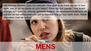 Conclusion Het Nieuwe Werken – januari 2010Het Nieuwe Werken gaat om mensen. Hoe geef je ze meer plezier in hun werk, laat je ze het beste uit zich halen? Waar ligt hun passie? Wat levert energie op? Geef ze –binnen gestelde kaders- de verantwoordelijkheid, de vrijheid en het vertrouwen om zelf te bepalen hoe ze hun werk doen. Maak afspraken over de output. MENS