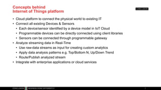 Concepts behind
Internet of Things platform
• Cloud platform to connect the physical world to existing IT
• Connect all existing Devices & Sensors
• Each device/sensor identified by a device model in IoT Cloud
• Programmable devices can be directly connected using client libraries
• Sensors can be connected through programmable gateway
• Analyze streaming data in Real-Time
• Use raw-data streams as input for creating custom analytics
• Apply data analysis patterns e.g. Top/Bottom N, Up/Down Trend
• Route/Publish analyzed stream
• Integrate with enterprise applications or cloud services
 