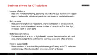 Business drivers for IOT solutions
• Improve efficiency
• Real time remote monitoring, searching for parts with due maintenance, locate
objects / individuals, jut in time / predictive maintenance, locate bottle necks
• Reduce costs
• Reduce time for physical inspections, improve utilization of idle equipment,
balance of physical workload, reduce number of corrections (first time right),
decrease stock of spare parts
• Better decision making
• Full view of physical world in digital world, improve forecast models with real
data, improve algorithms and machine learning, cause and effect analysis
• Improve sustainability
• Measure status of sustainability goals in energy efficiency and CO2 reduction,
create energy efficient production processes, smart gird usage
 
