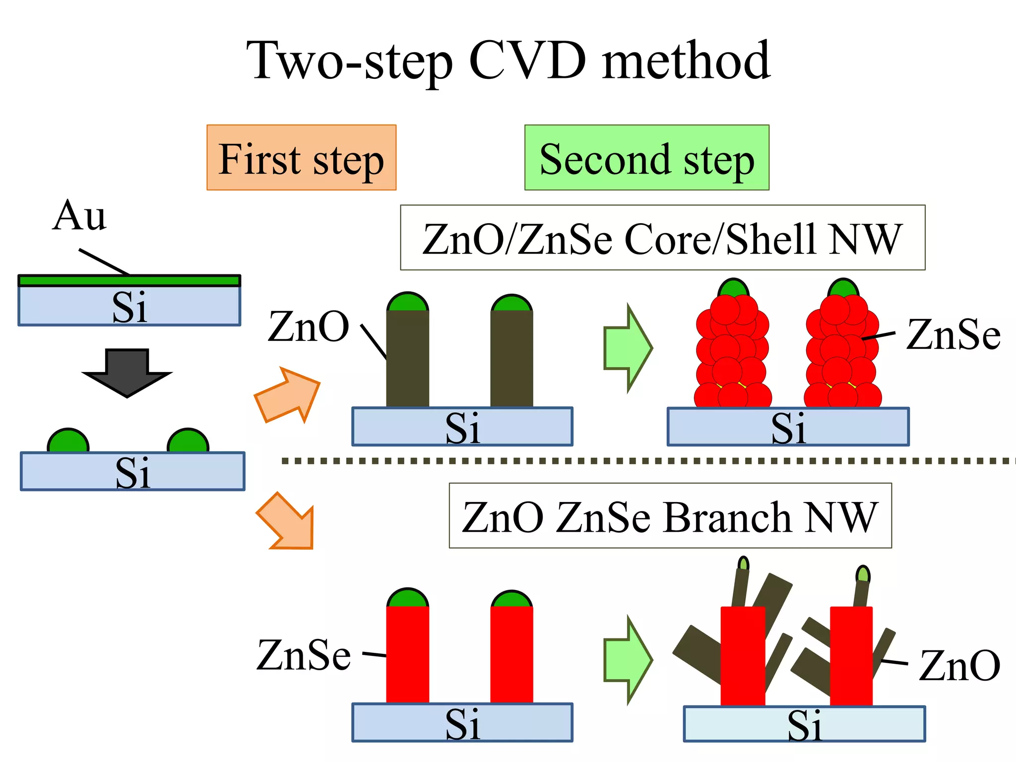 Two-step CVD method
Au
Si ZnO
Si
First step Second step
ZnSe
Si
ZnSe
Si
ZnO
Si
ZnO/ZnSe Core/Shell NW
ZnO ZnSe Branch NW
Si
 