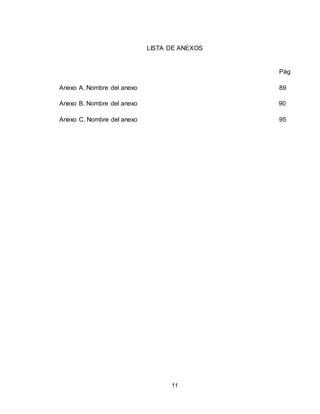 11
LISTA DE ANEXOS
Pág
Anexo A. Nombre del anexo 89
Anexo B. Nombre del anexo 90
Anexo C. Nombre del anexo 95
 