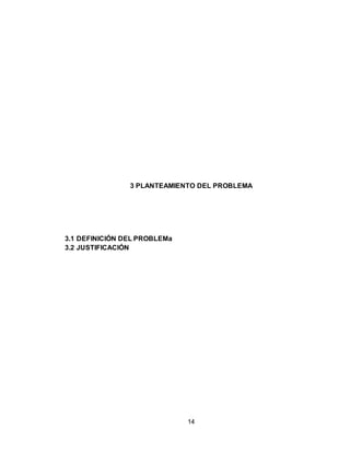14
3 PLANTEAMIENTO DEL PROBLEMA
3.1 DEFINICIÓN DEL PROBLEMa
3.2 JUSTIFICACIÓN
 