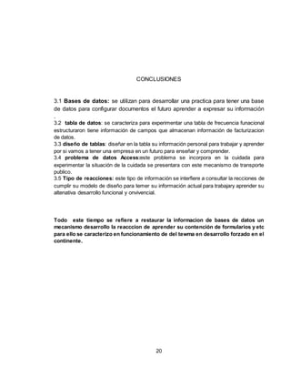 20
CONCLUSIONES
3.1 Bases de datos: se utilizan para desarrollar una practica para tener una base
de datos para configurar documentos el futuro aprender a expresar su información
.
3.2 tabla de datos: se caracteriza para experimentar una tabla de frecuencia funacional
estructuraron tiene información de campos que almacenan información de facturizacion
de datos.
3.3 diseño de tablas: diseñar en la tabla su información personal para trabajar y aprender
por si vamos a tener una empresa en un futuro para enseñar y comprender.
3.4 problema de datos Access:este problema se incorpora en la cuidada para
experimentar la situación de la cuidada se presentara con este mecanismo de transporte
publico.
3.5 Tipo de reacciones: este tipo de información se interfiere a consultar la recciones de
cumplir su modelo de diseño para temer su información actual para trabajary aprender su
altenativa desarrollo funcional y onvivencial.
Todo este tiempo se refiere a restaurar la informacion de bases de datos un
mecanismo desarrollo la reacccion de aprender su contención de formularios y etc
para ello se caracterizo en funcionamiento de del tewma en desarrollo forzado en el
continente.
 