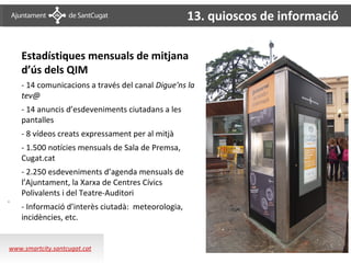 13. quioscos de informació

    Estadístiques mensuals de mitjana
    d’ús dels QIM
    - 14 comunicacions a través del canal Digue'ns la
    tev@
    - 14 anuncis d’esdeveniments ciutadans a les
    pantalles
    - 8 vídeos creats expressament per al mitjà
    - 1.500 notícies mensuals de Sala de Premsa,
    Cugat.cat
    - 2.250 esdeveniments d’agenda mensuals de
    l’Ajuntament, la Xarxa de Centres Cívics
    Polivalents i del Teatre-Auditori
    - Informació d’interès ciutadà: meteorologia,
    incidències, etc.


www.smartcity.santcugat.cat
 
