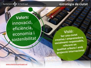 estratègia de ciutat


                 Valors:
            innovació,
             eficiència,
                                           Visió:
             economia i                               t
                                        Ser una ciuta ra,
            sostenibilitat
                                                        do
                                   creat iva i emprene le,
                                                          b
                                   socialm  ent responsa
                                           referent en
                                                          mb
                                     qualit at urbana i a
                                                           na l
                                     projecc ió internacio



     www.smartcity.santcugat.cat
Estratègia de ciutat
 
