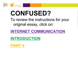 CONFUSED?To review the instructions for your original essay, click on:INTERNET COMMUNICATIONINTRODUCTIONPART 44
