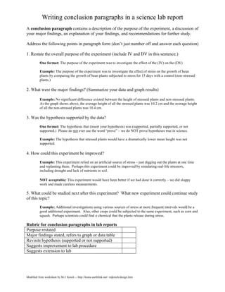 Modified from worksheet by M.J. Krech -- http://home.earthlink.net/~mjkrech/design.htm
Writing conclusion paragraphs in a science lab report
A conclusion paragraph contains a description of the purpose of the experiment, a discussion of
your major findings, an explanation of your findings, and recommendations for further study.
Address the following points in paragraph form (don’t just number off and answer each question)
1. Restate the overall purpose of the experiment (include IV and DV in this sentence.)
One format: The purpose of the experiment was to investigate the effect of the (IV) on the (DV)
Example: The purpose of the experiment was to investigate the effect of stress on the growth of bean
plants by comparing the growth of bean plants subjected to stress for 15 days with a control (non-stressed
plants.)
2. What were the major findings? (Summarize your data and graph results)
Example: No significant difference existed between the height of stressed plants and non-stressed plants.
As the graph shows above, the average height of all the stressed plants was 10.2 cm and the average height
of all the non-stressed plants was 10.4 cm.
3. Was the hypothesis supported by the data?
One format: The hypothesis that (insert your hypothesis) was (supported, partially supported, or not
supported.) Please do not ever use the word “prove” – we do NOT prove hypotheses true in science.
Example: The hypothesis that stressed plants would have a dramatically lower mean height was not
supported.
4. How could this experiment be improved?
Example: This experiment relied on an artificial source of stress – just digging out the plants at one time
and replanting them. Perhaps this experiment could be improved by simulating real-life stressors,
including drought and lack of nutrients in soil.
NOT acceptable: This experiment would have been better if we had done it correctly – we did sloppy
work and made careless measurements.
5. What could be studied next after this experiment? What new experiment could continue study
of this topic?
Example: Additional investigations using various sources of stress at more frequent intervals would be a
good additional experiment. Also, other crops could be subjected to the same experiment, such as corn and
squash. Perhaps scientists could find a chemical that the plants release during stress.
Rubric for conclusion paragraphs in lab reports
Purpose restated
Major findings stated, refers to graph or data table
Revisits hypothesis (supported or not supported)
Suggests improvement to lab procedure
Suggests extension to lab
 