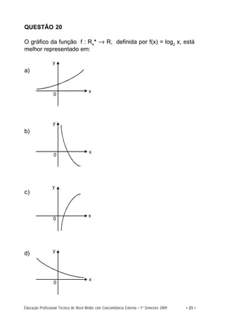 QUESTÃO 20

O gráfico da função f : R+* → R, definida por f(x) = log2 x, está
melhor representado em:

                 y
a)


                                        x
                  0




                 y
b)


                                        x
                  0




                 y
c)


                                        x
                  0




                 y
d)



                                        x
                  0




Educação Profissional Técnica de Nível Médio com Concomitância Externa • 1º Semestre 2009   • 21 •
 