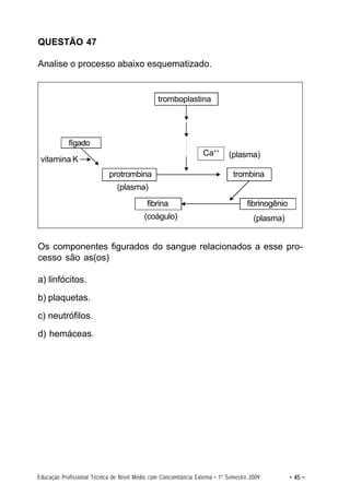 QUESTÃO 47

Analise o processo abaixo esquematizado.


                                                tromboplastina




            fígado
                                                                  Ca++      (plasma)
 vitamina K
                            protrombina                                       trombina
                               (plasma)
                                           fibrina                                 fibrinogênio
                                          (coágulo)                                   (plasma)


Os componentes figurados do sangue relacionados a esse pro-
cesso são as(os)

a) linfócitos.
b) plaquetas.
c) neutrófilos.
d) hemáceas.




Educação Profissional Técnica de Nível Médio com Concomitância Externa • 1º Semestre 2009         • 45 •
 