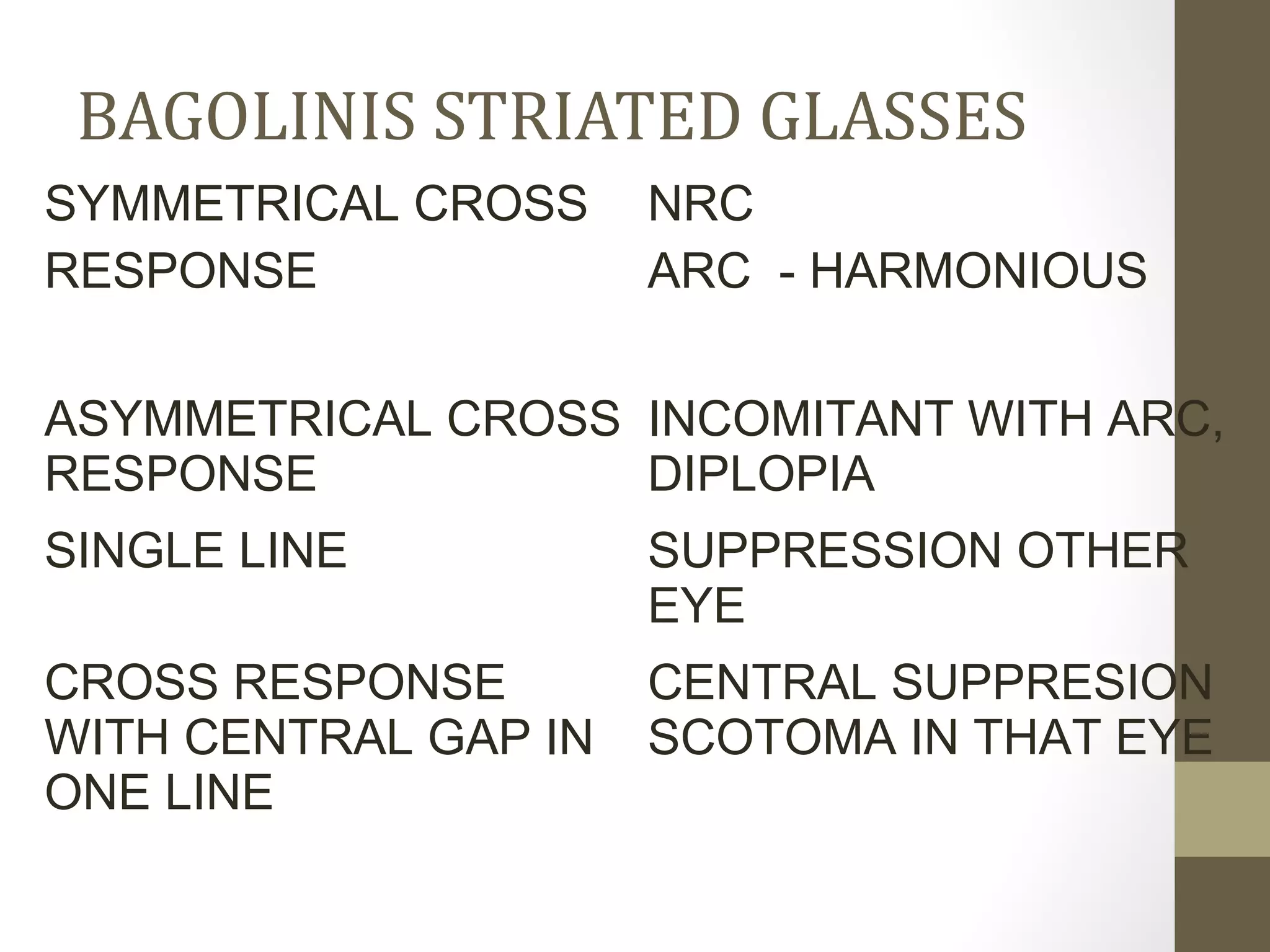 BAGOLINIS STRIATED GLASSES
SYMMETRICAL CROSS
RESPONSE
NRC
ARC - HARMONIOUS
ASYMMETRICAL CROSS
RESPONSE
INCOMITANT WITH ARC,
DIPLOPIA
SINGLE LINE SUPPRESSION OTHER
EYE
CROSS RESPONSE
WITH CENTRAL GAP IN
ONE LINE
CENTRAL SUPPRESION
SCOTOMA IN THAT EYE
 