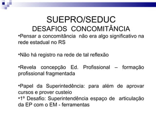 SUEPRO/SEDUC DESAFIOS  CONCOMITÂNCIA Pensar a concomitância  não era algo significativo na rede estadual no RS Não há registro na rede de tal reflexão Revela concepção Ed. Profissional – formação profissional fragmentada Papel da Superintedência: para além de aprovar cursos e prover custeio 1º Desafio: Superintendência espaço de  articulação da EP com o EM - ferramentas 